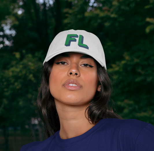 Customizable White Dad Hat with Navy Blue and Green Shadow Block Font