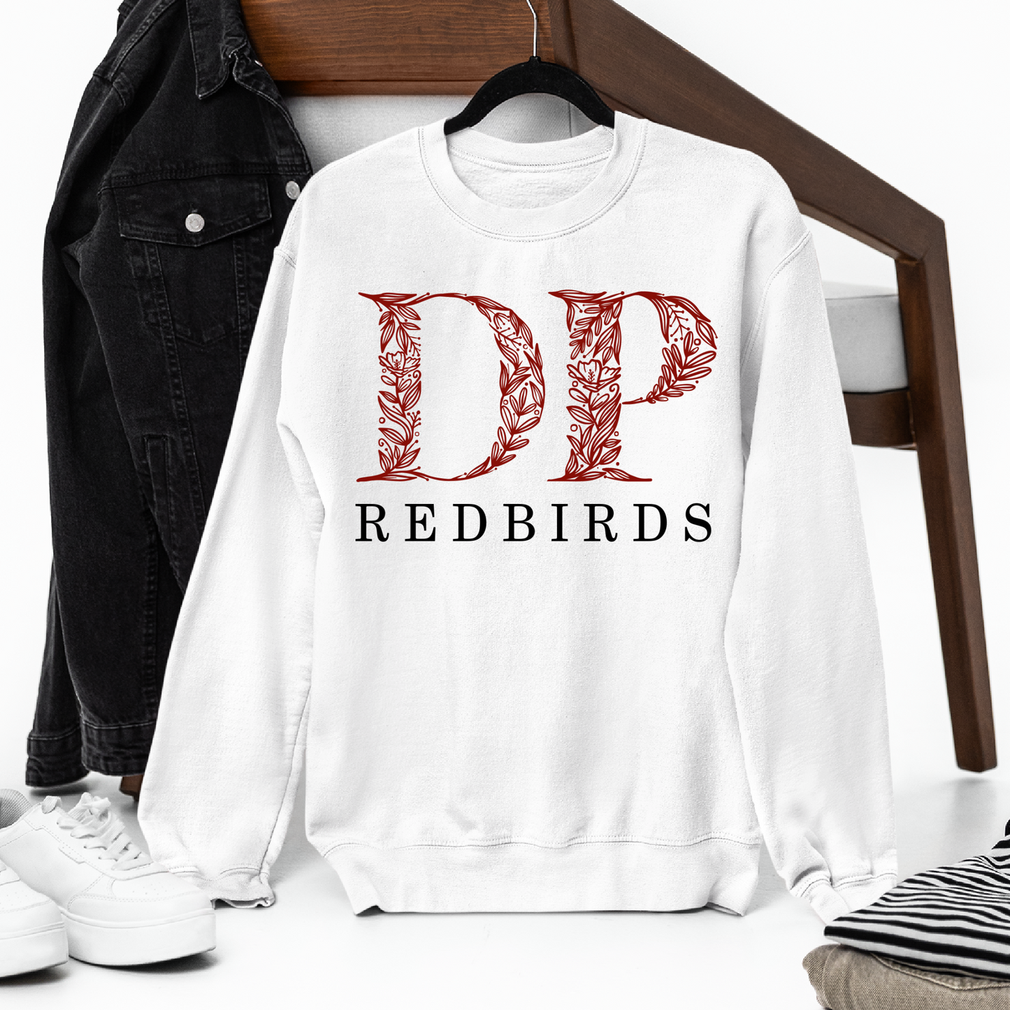 De Pere Redbirds Floral Design - White Tee, Crewneck or Hoodie