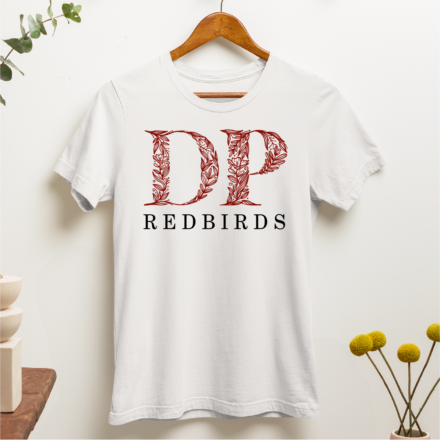 De Pere Redbirds Floral Design - White Tee, Crewneck or Hoodie