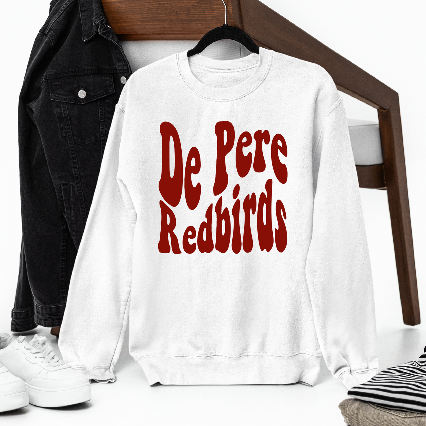 De Pere Redbirds Retro Design - White Tee, Crewneck, or Hoodie
