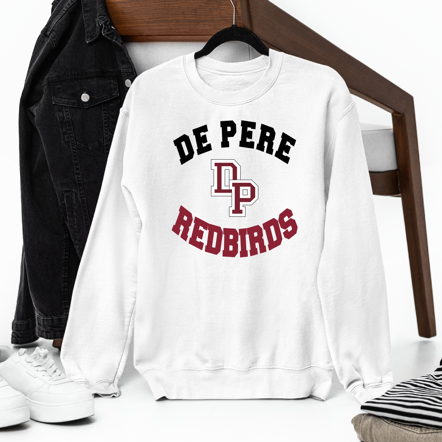 De Pere Redbirds Interlocking DP Design - White Tee, Crewneck, or Hoodie