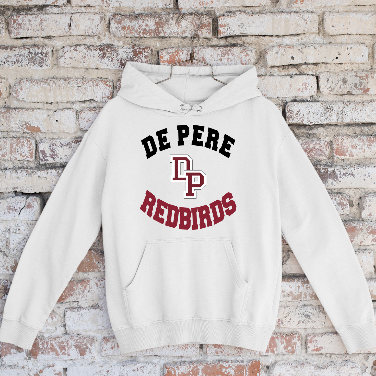 De Pere Redbirds Interlocking DP Design - White Tee, Crewneck, or Hoodie