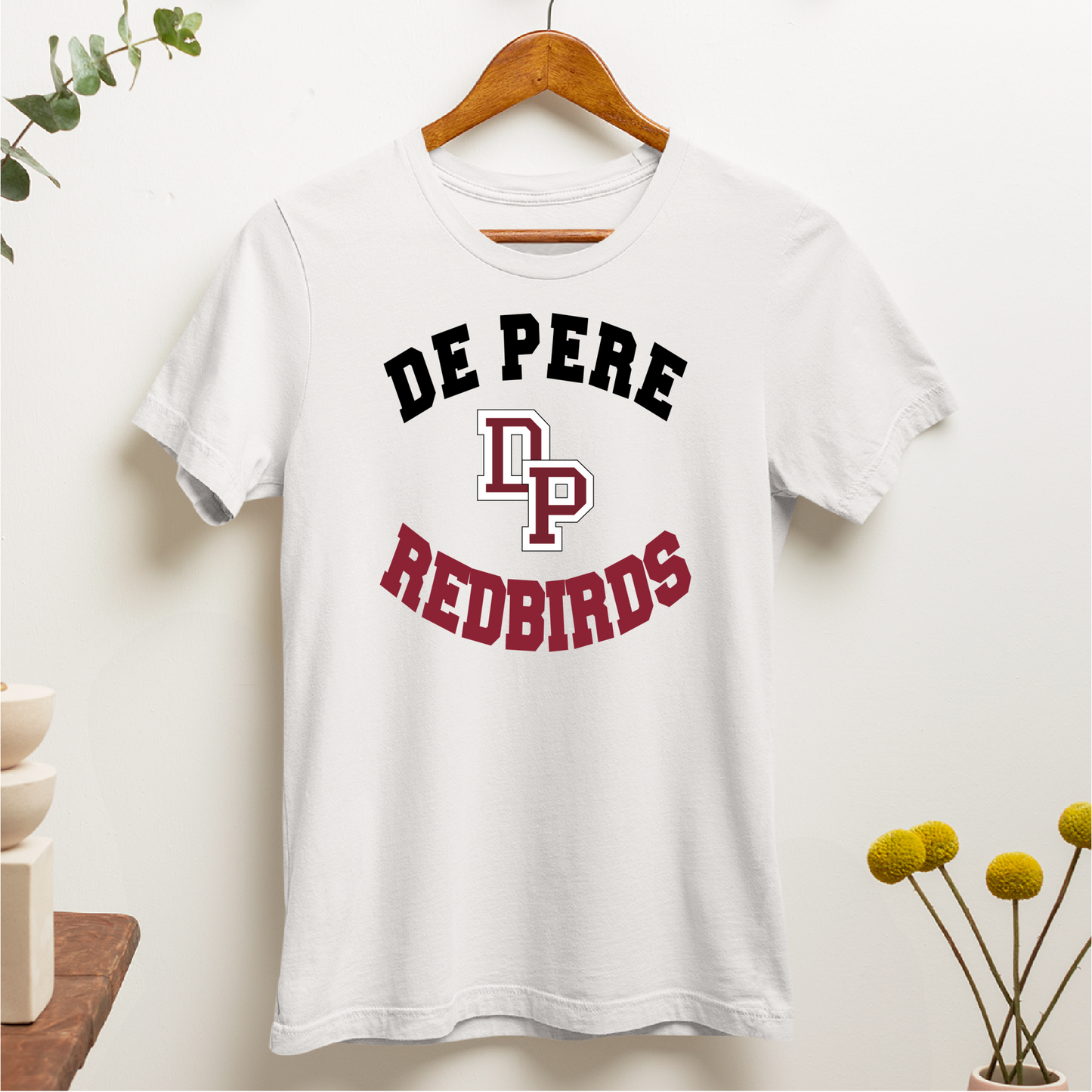 De Pere Redbirds Interlocking DP Design - White Tee, Crewneck, or Hoodie