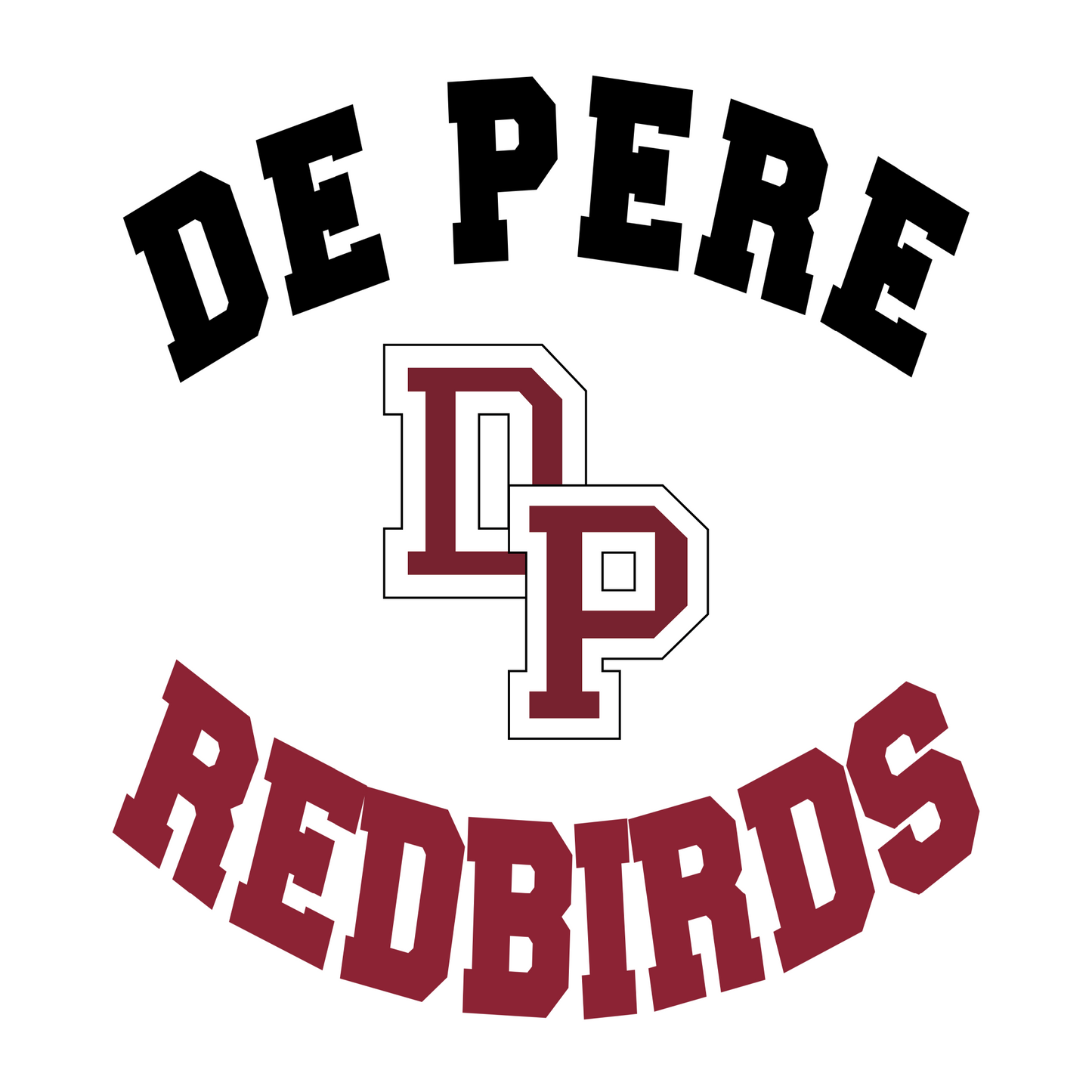De Pere Redbirds Interlocking DP Design - White Tee, Crewneck, or Hoodie