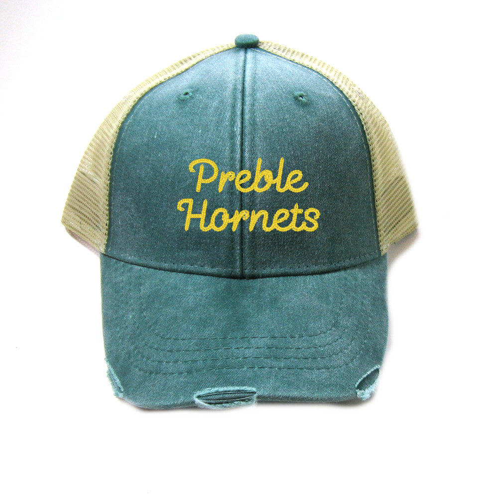 Preble Distressed Trucker Hat - Preble Hornets Vintage Chainstitch Script