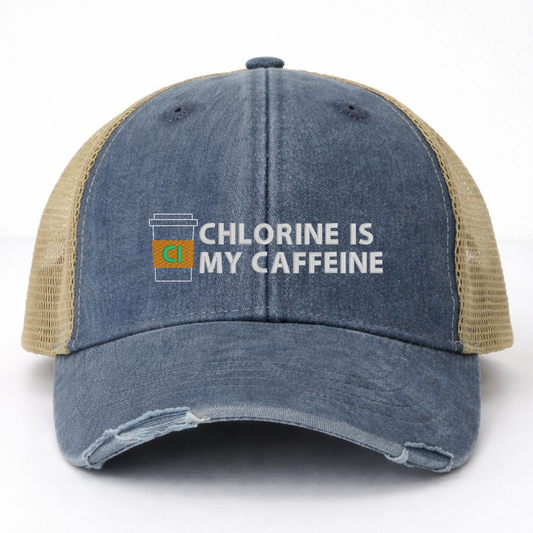 Navy Trucker Hat - Pigment Dyed - Embroidered "Chlorine is my Caffeine"