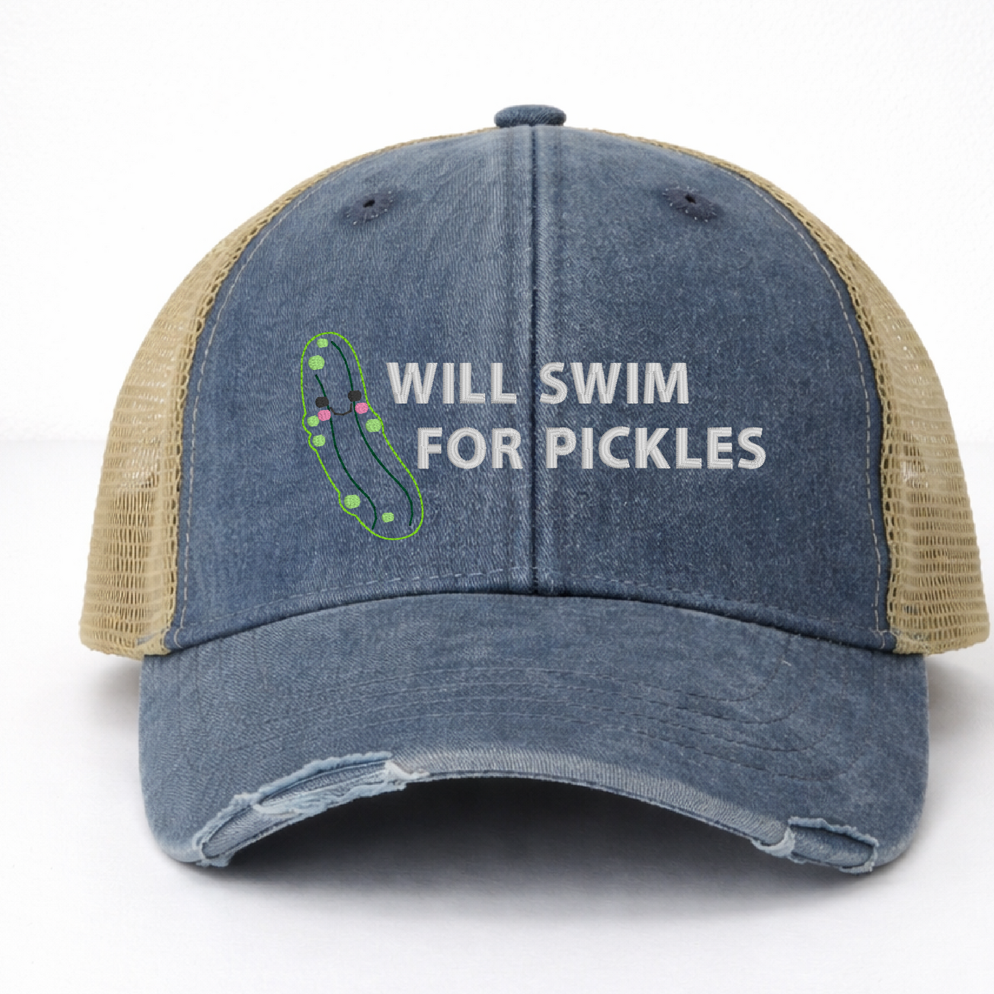 Navy Trucker Hat - Pigment Dyed - Embroidered "Will Swim for Pickles"