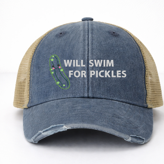 Navy Trucker Hat - Pigment Dyed - Embroidered "Will Swim for Pickles"