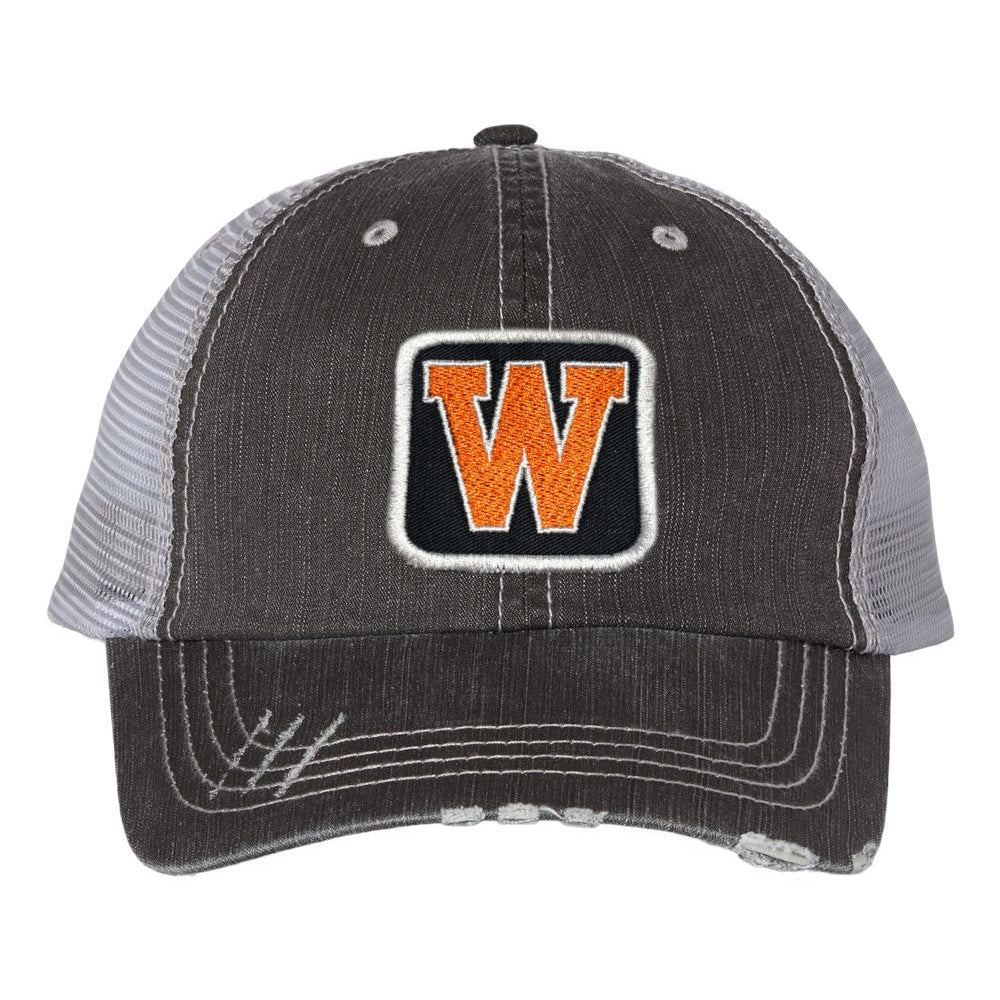 Gray Distressed Trucker Hat - West De Pere Hat -Logo Patch