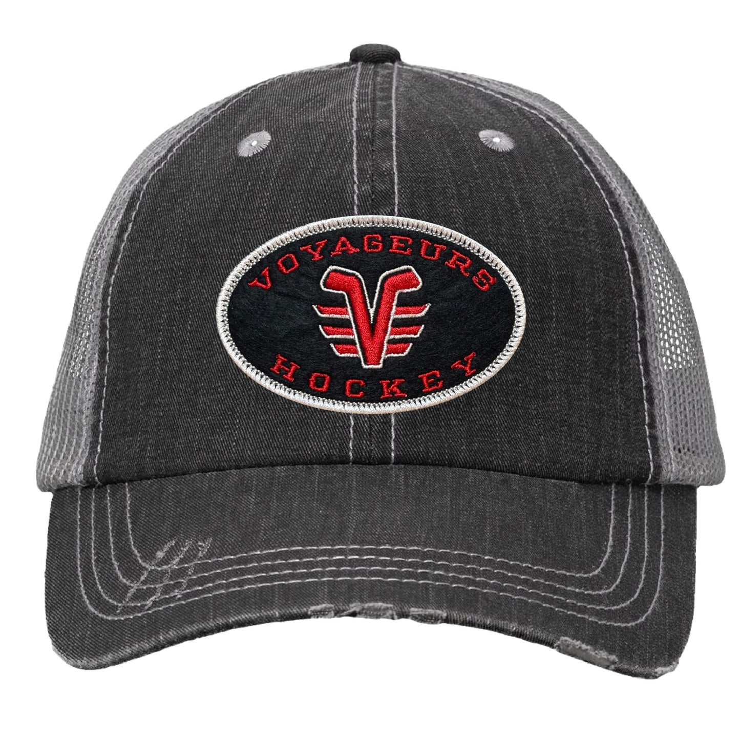 De Pere Voyageurs Hockey Distressed Trucker Hat - Oval Patch Low-Profile