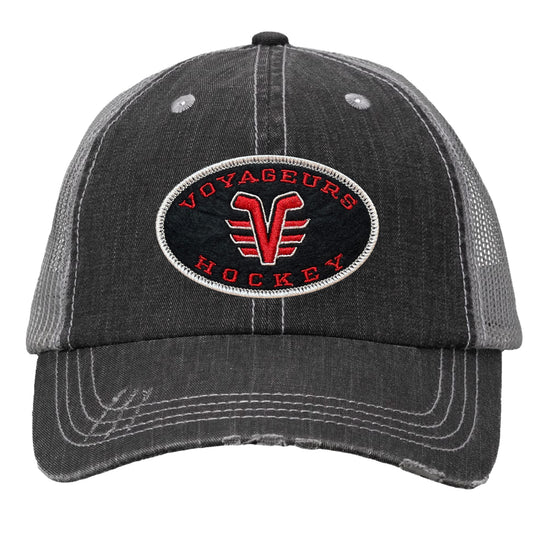 De Pere Voyageurs Hockey Distressed Trucker Hat - Oval Patch Low-Profile