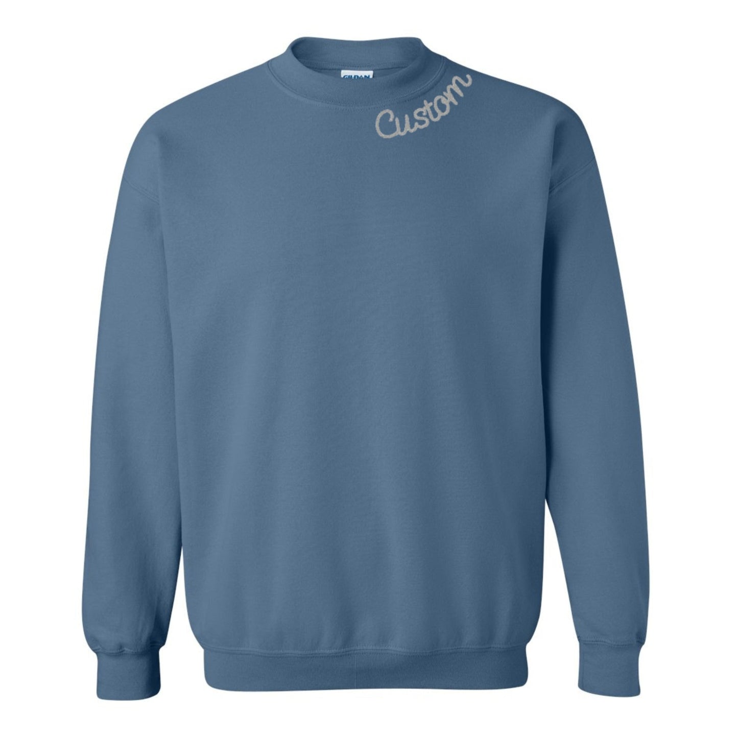 Indigo Blue Custom Embroidered Crewneck Sweatshirt - Personalized Chain Stitch