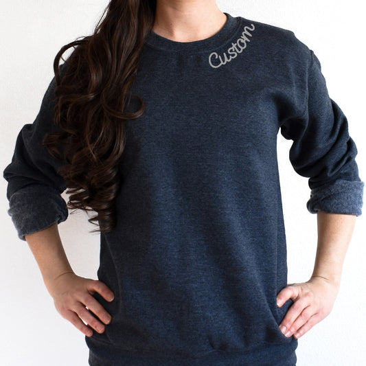 Dark Heather Gray Custom Embroidered Crewneck Sweatshirt - Personalized Chain Stitch