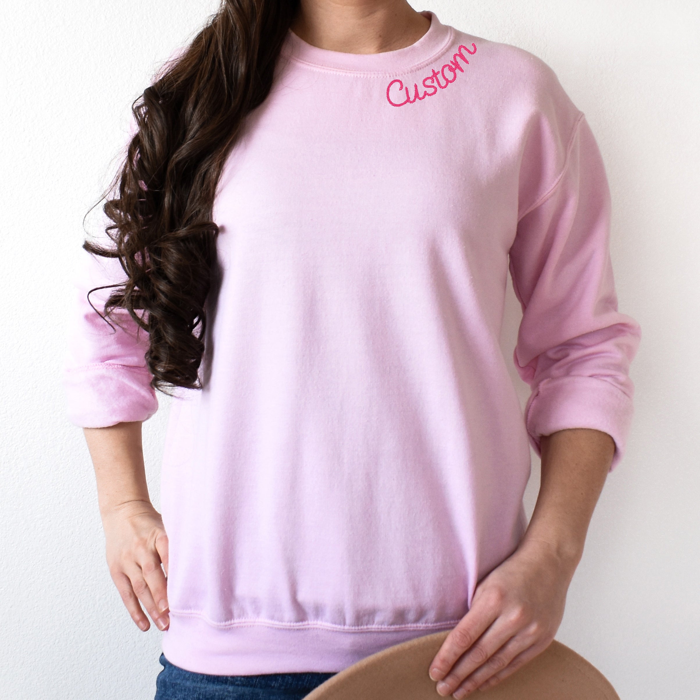 Pink Custom Embroidered Crewneck Sweatshirt Personalized Chain Stitch