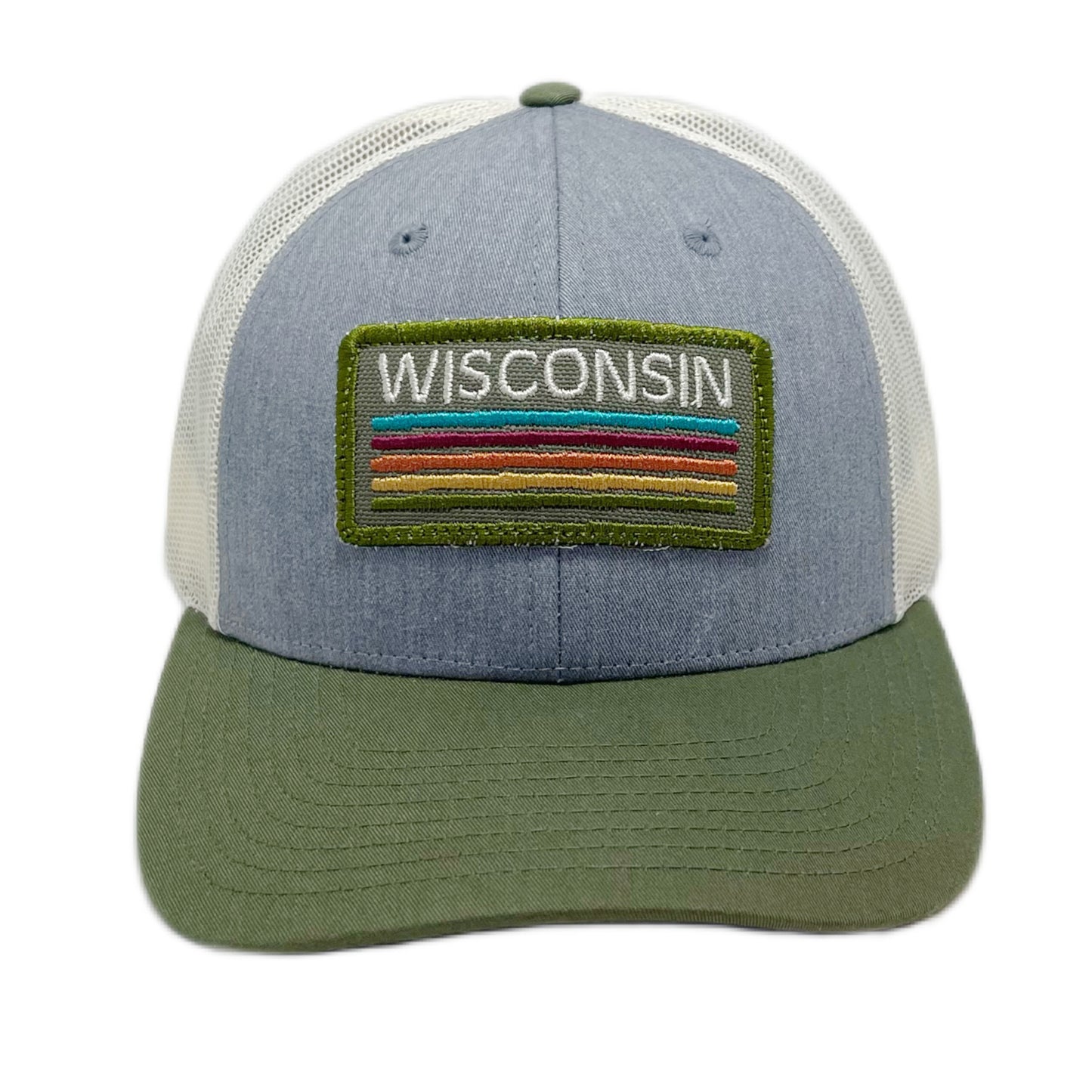 Custom Embroidered Retro Vibes Patched Trucker Hat - Olive and Gray