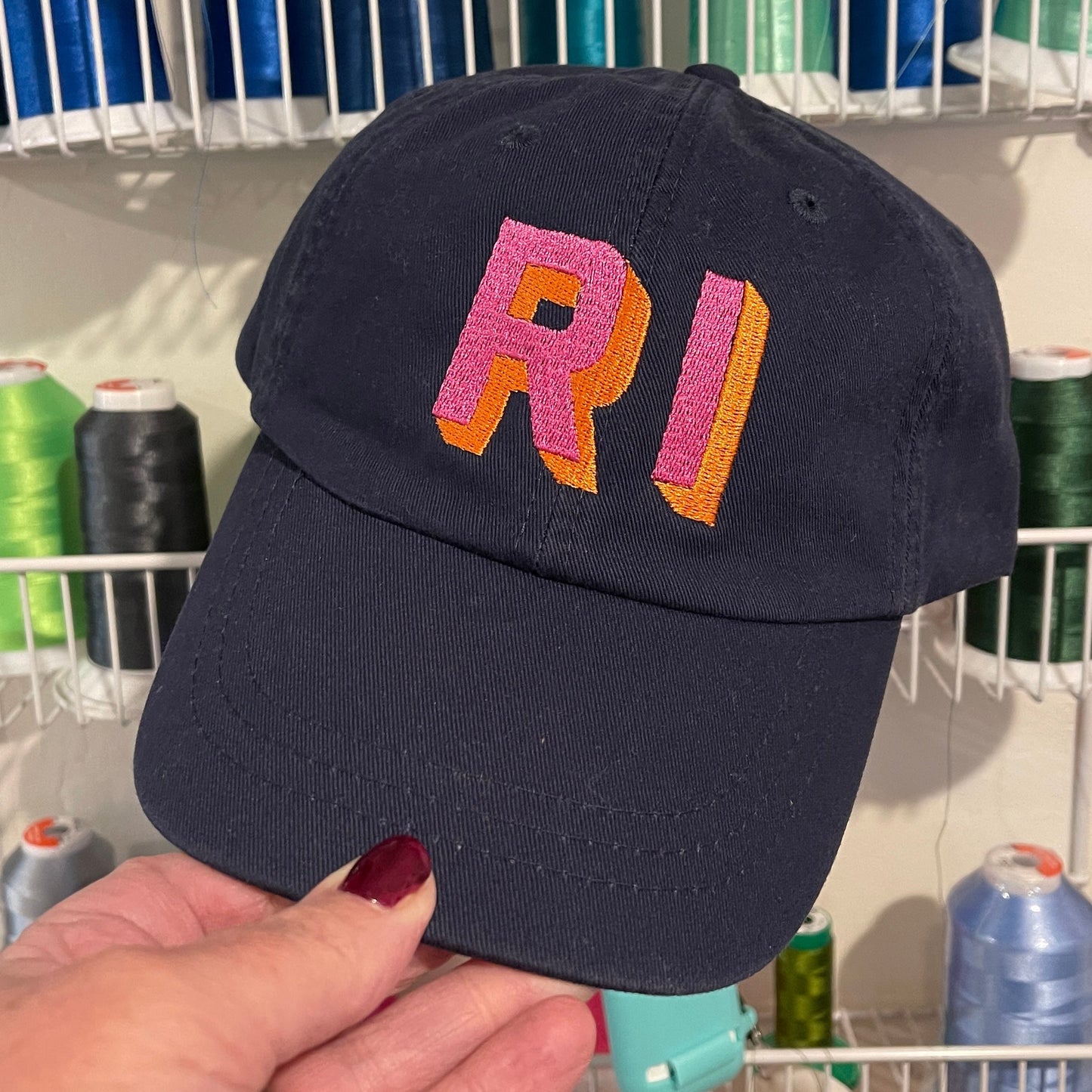 White Dad Hat - Aqua & Coral Shadow Block Lettering