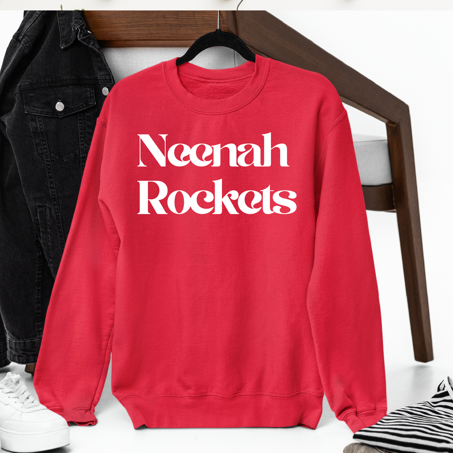 White Neenah Rockets Retro - Red Tee, Crewneck, or Hoodie