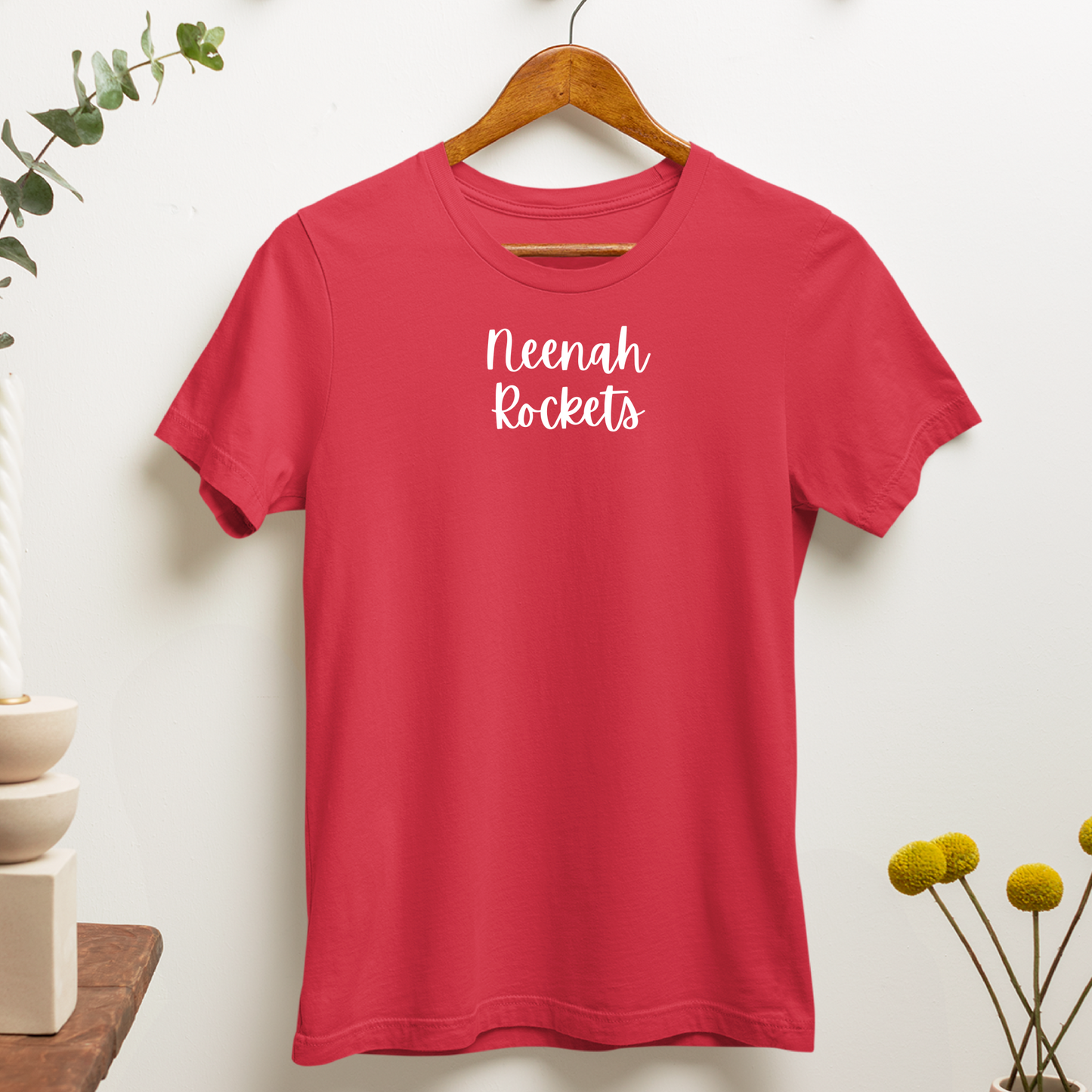 Neenah Rockets Small White Script - Red Tee, Crewneck, or Hoodie