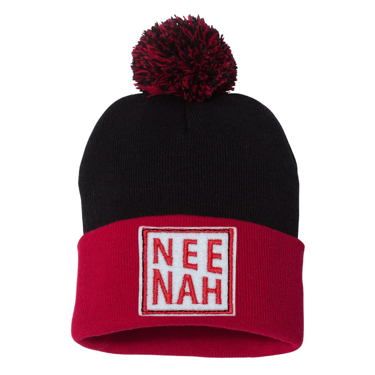 Red & Black Pom Beanie - Neenah Rockets Patch