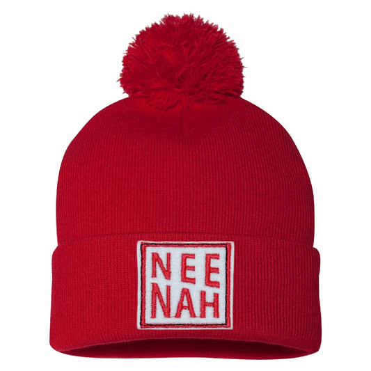 Red Pom Beanie - Neenah Square Patch