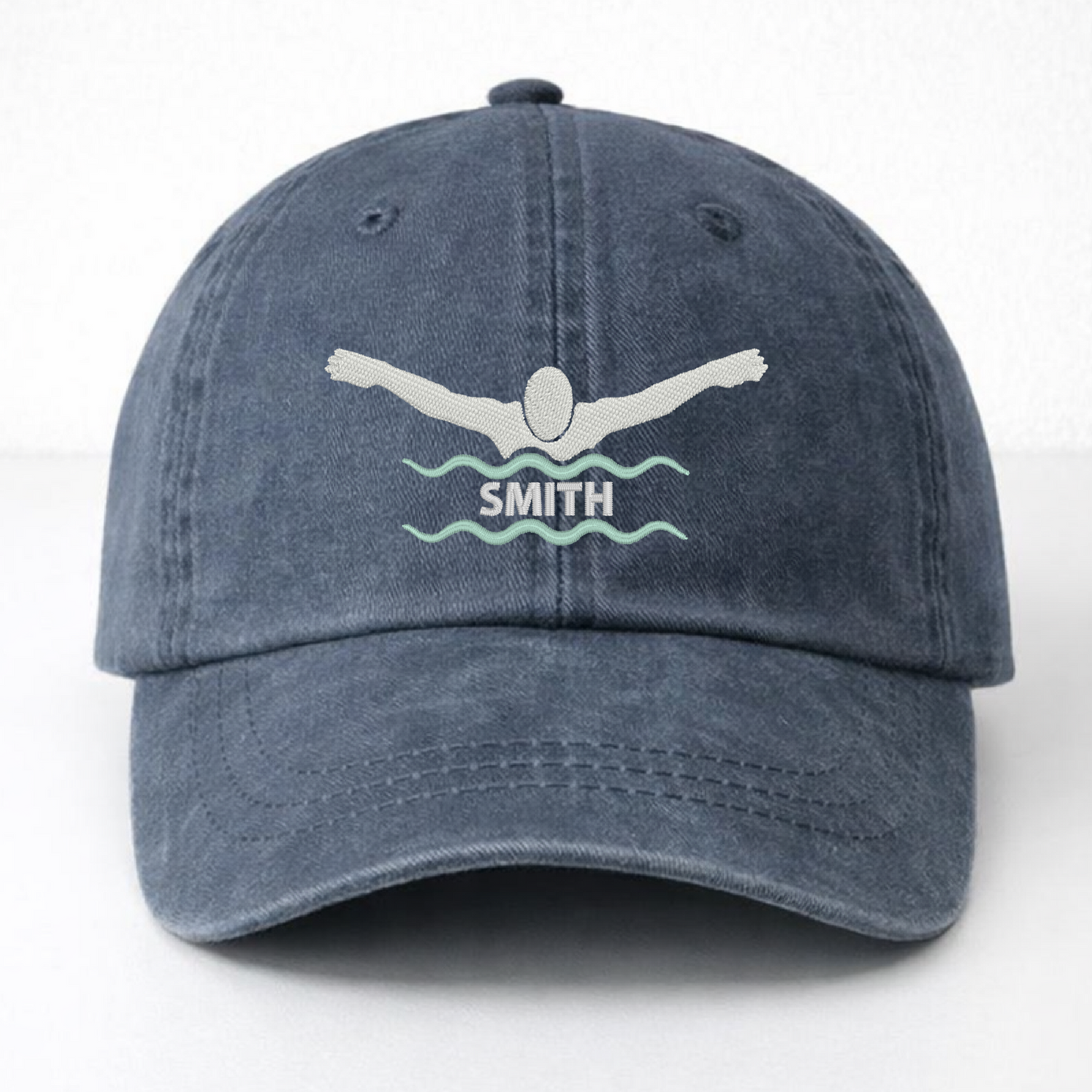 Navy Dad Hat - Pigment Dyed - Embroidered Swimmer Personalized