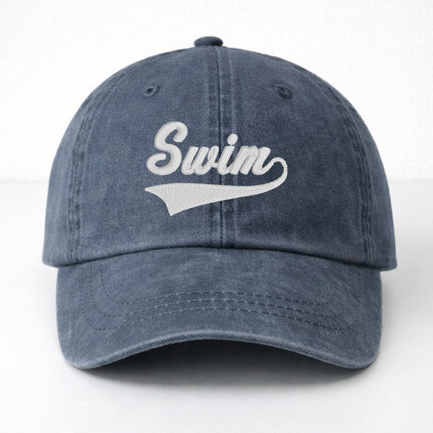 Navy Dad Hat - Pigment Dyed - Embroidered Swim Athletic Font White