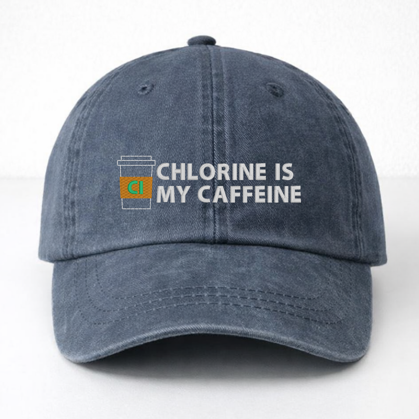 Navy Dad Hat - Pigment Dyed - Embroidered "Chlorine is my Caffeine"