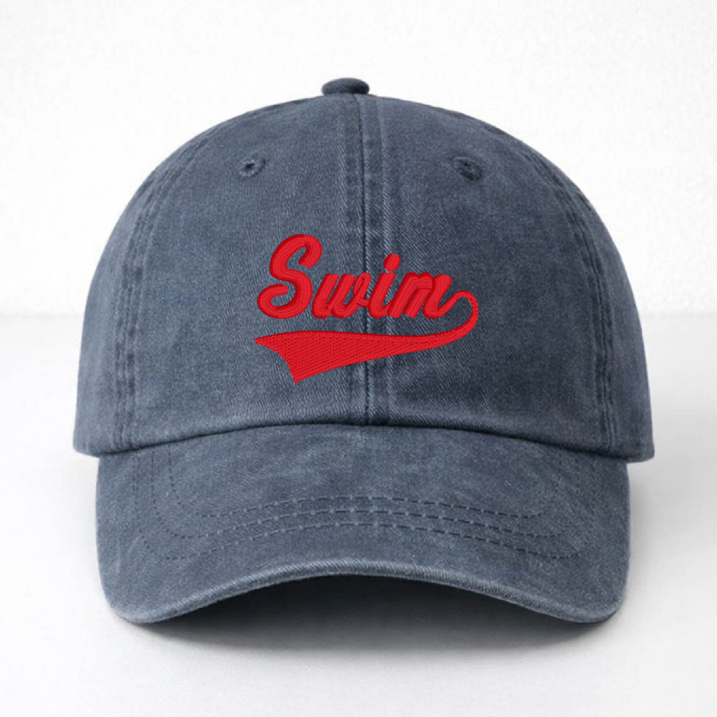 Navy Dad Hat - Pigment Dyed - Embroidered Swim Athletic Font Red