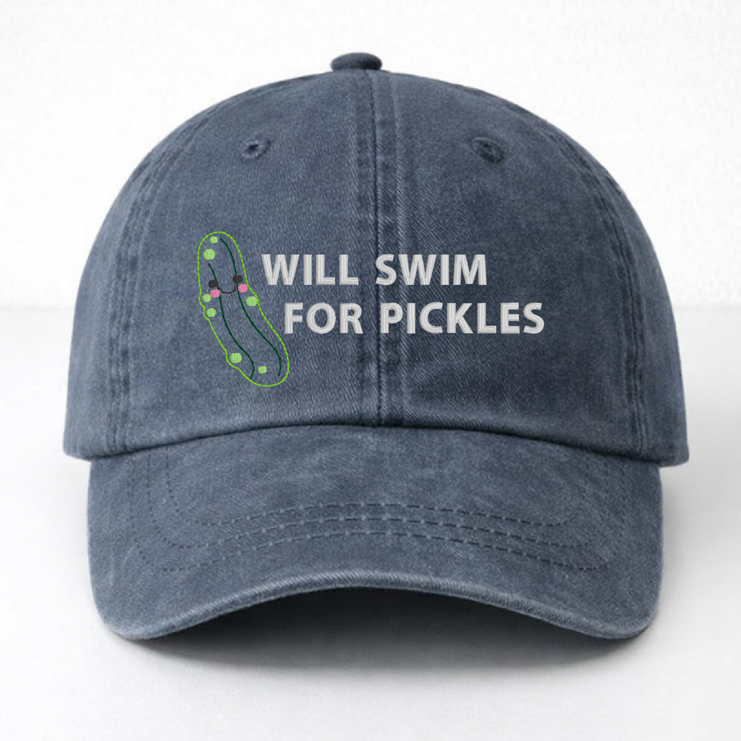 Navy Dad Hat - Pigment Dyed - Embroidered "Will Swim for Pickles"
