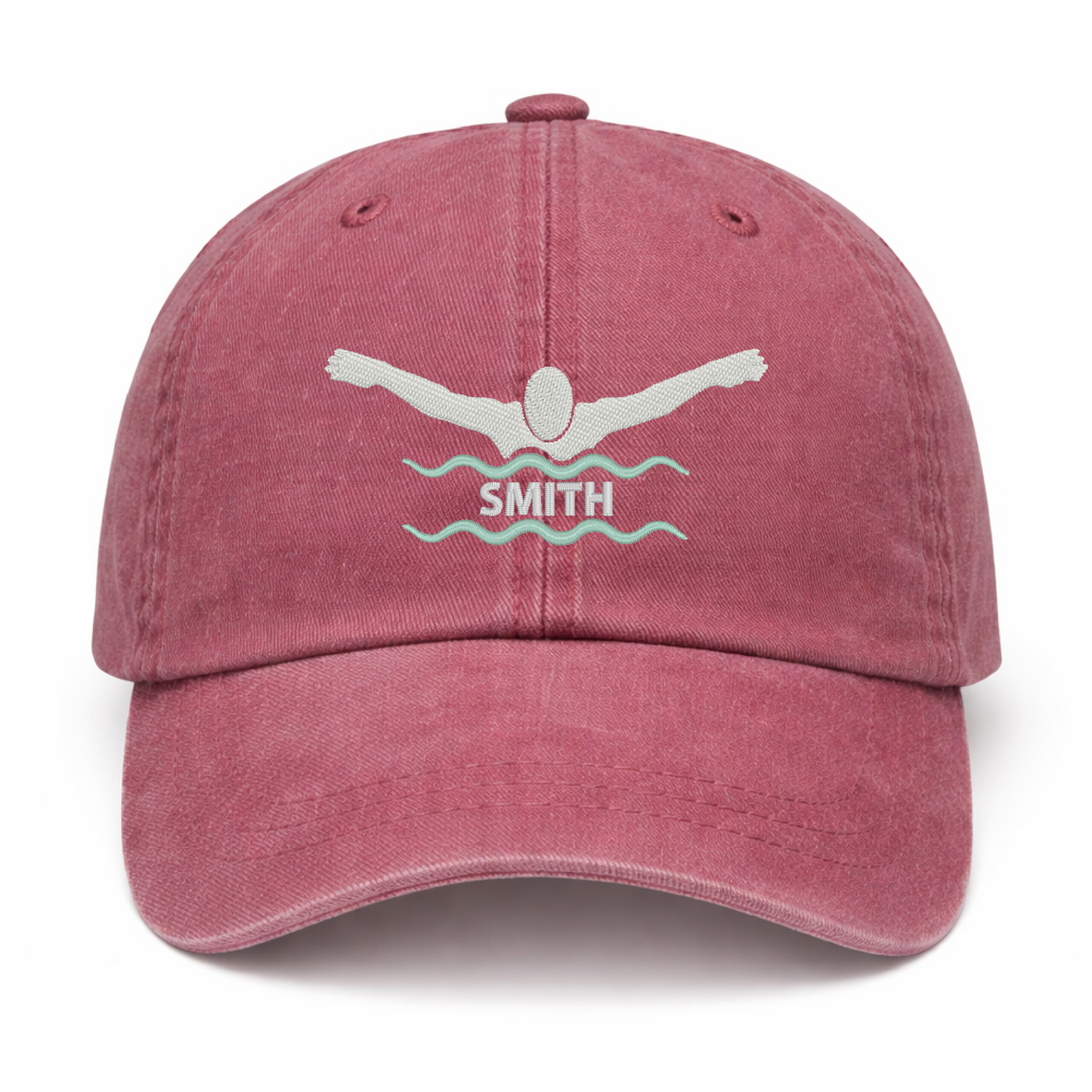 Red Dad Hat - Pigment Dyed - Embroidered Swimmer Personalized