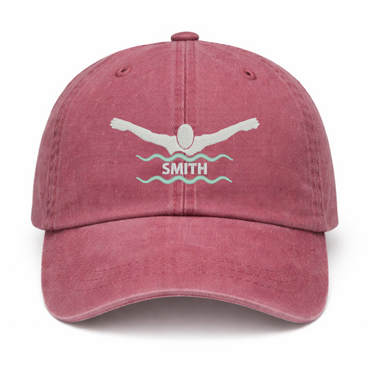 Red Dad Hat - Pigment Dyed - Embroidered Swimmer Personalized