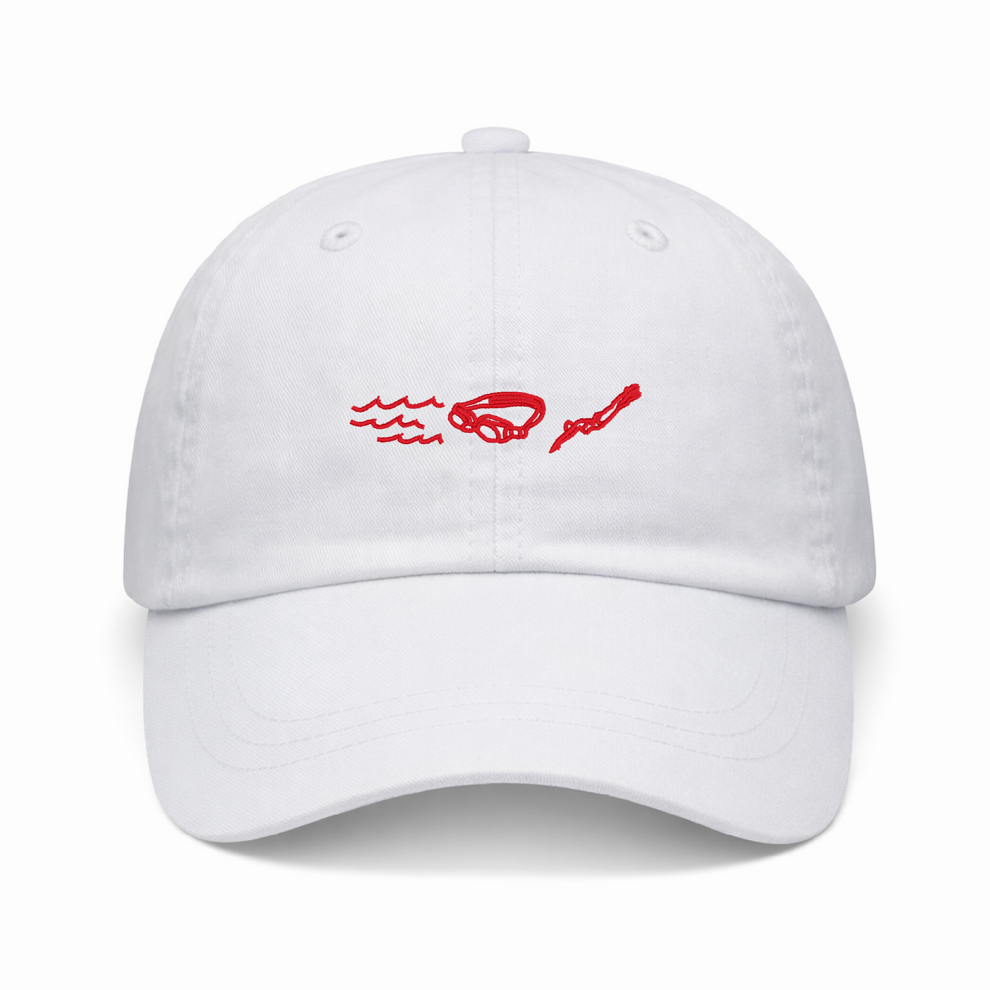 White Dad Hat - Pigment Dyed - Embroidered Swim Icons Red