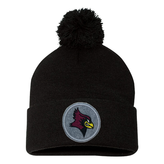 De Pere Pom Pom Beanie - Black with Gray Redbird Patch
