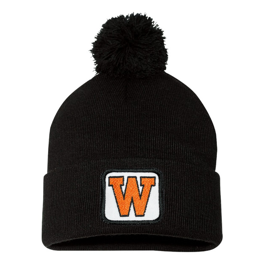 West De Pere Pom Pom Beanie - Black with West De Pere Square Patch