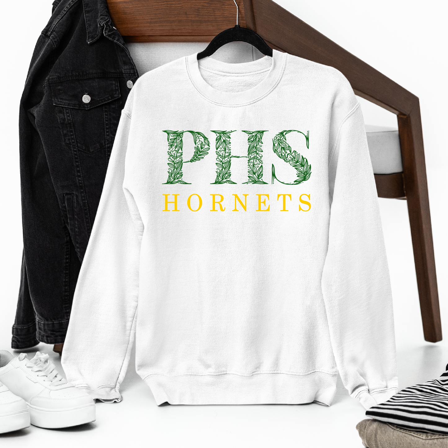 Green Bay Preble Hornets Green Floral Design - White Tee, Crewneck, or Hoodie
