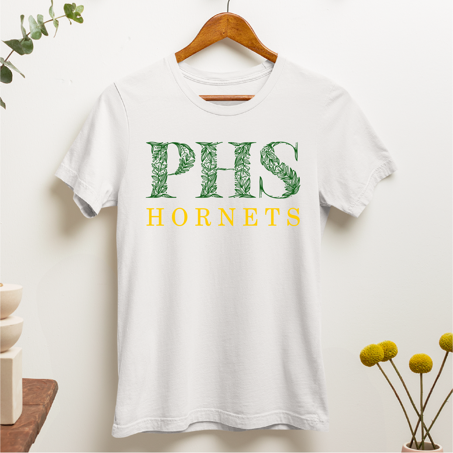Green Bay Preble Hornets Green Floral Design - White Tee, Crewneck, or Hoodie