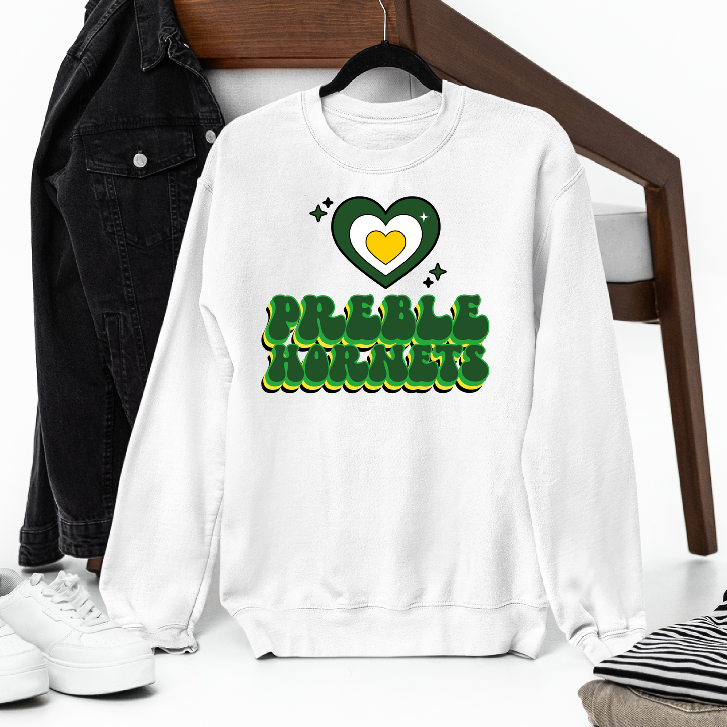 Green Bay Preble Hornets Retro Design - White Tee, Crewneck, or Hoodie