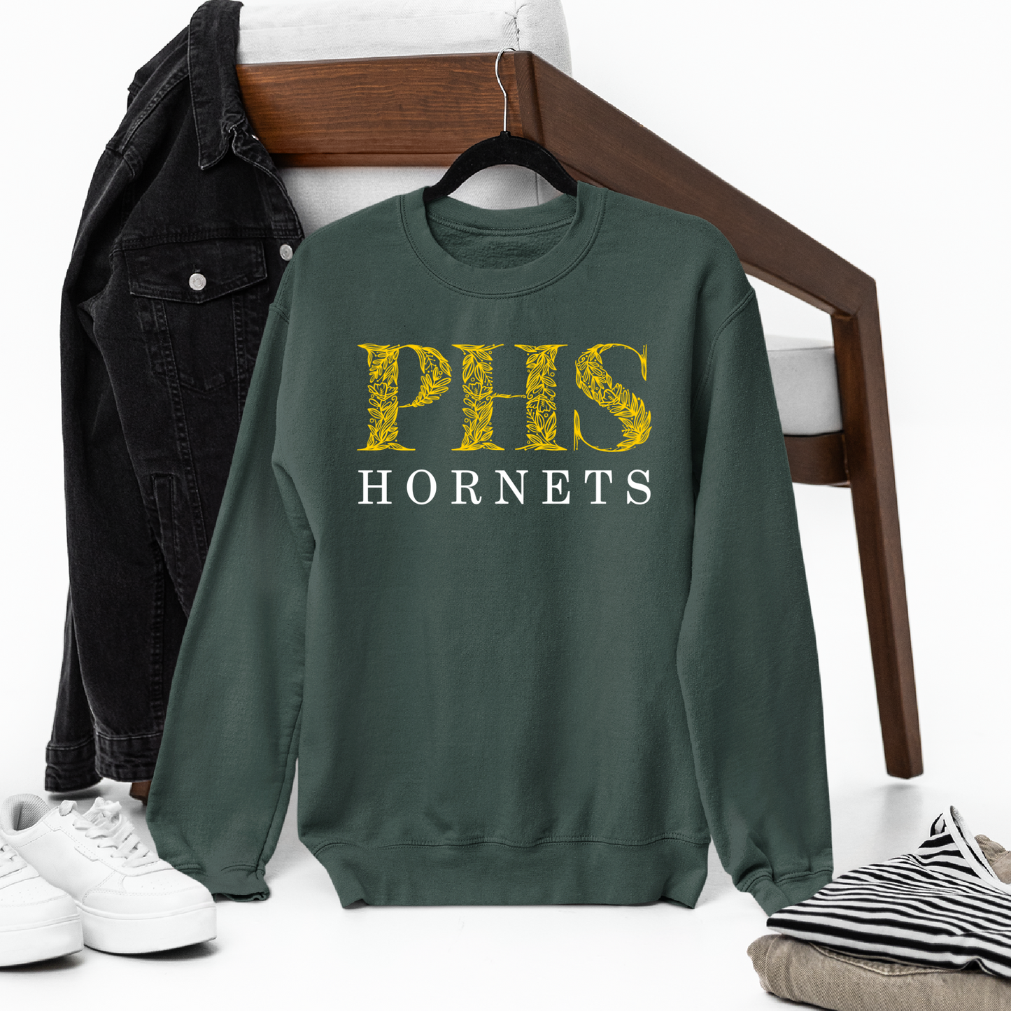 Green Bay Preble Hornets Yellow Floral - Forest Green Tee, Crewneck, or Hoodie (Copy)