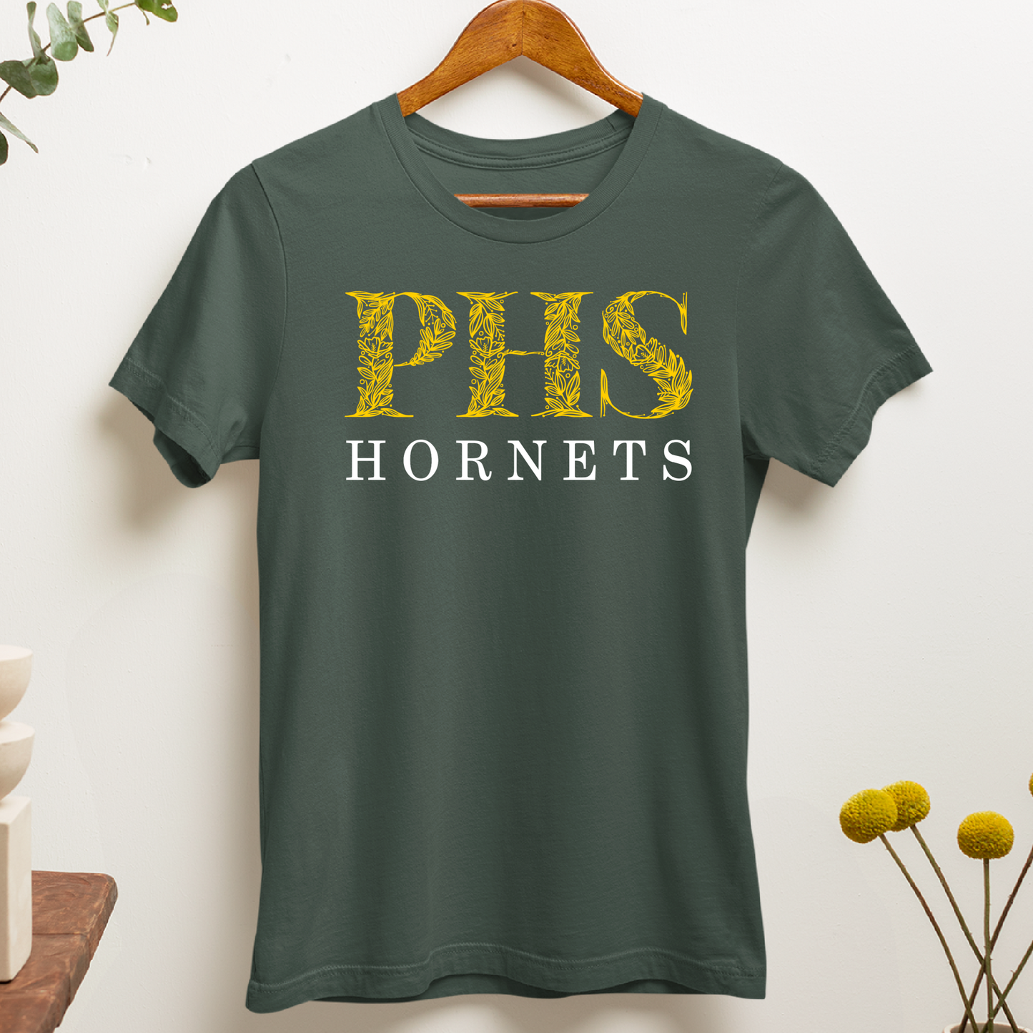 Green Bay Preble Hornets Yellow Floral - Forest Green Tee, Crewneck, or Hoodie (Copy)
