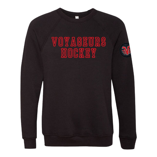 Voyageurs Hockey Varsity Block - Black Crewneck with Logo Arm Patch
