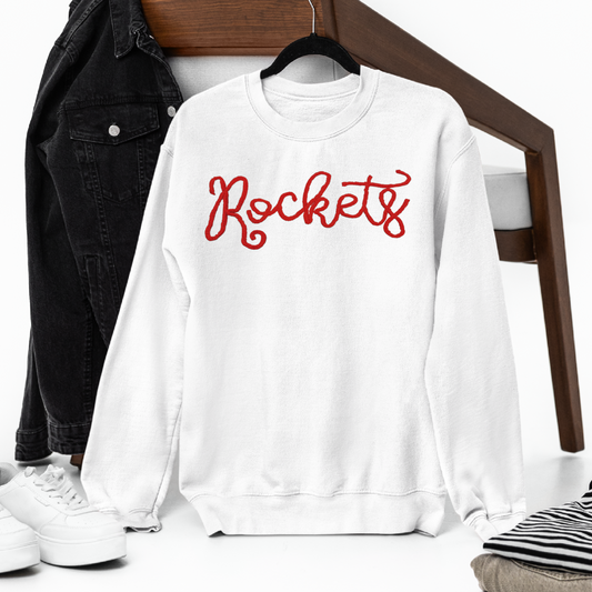 White Custom Team Crewneck - Neenah Rockets - Chenille Embroidery