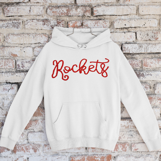 White Custom Team Hoodie - Neenah Rockets - Chenille Embroidery