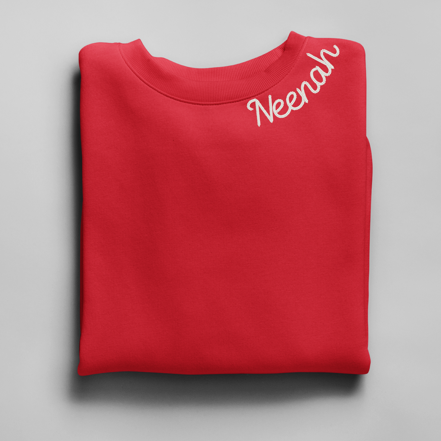 White Neenah on Red Crewneck Sweatshirt – Chainstitch Collar Design