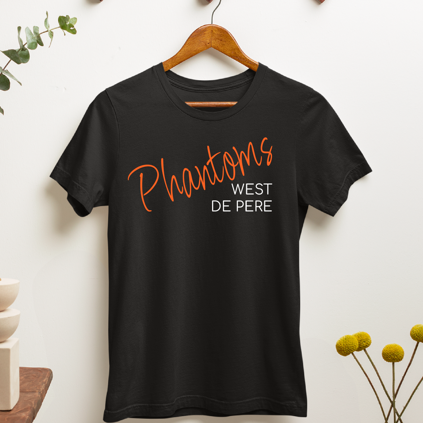 West De Pere Phantoms Script - Black Tee, Crewneck, or Hoodie