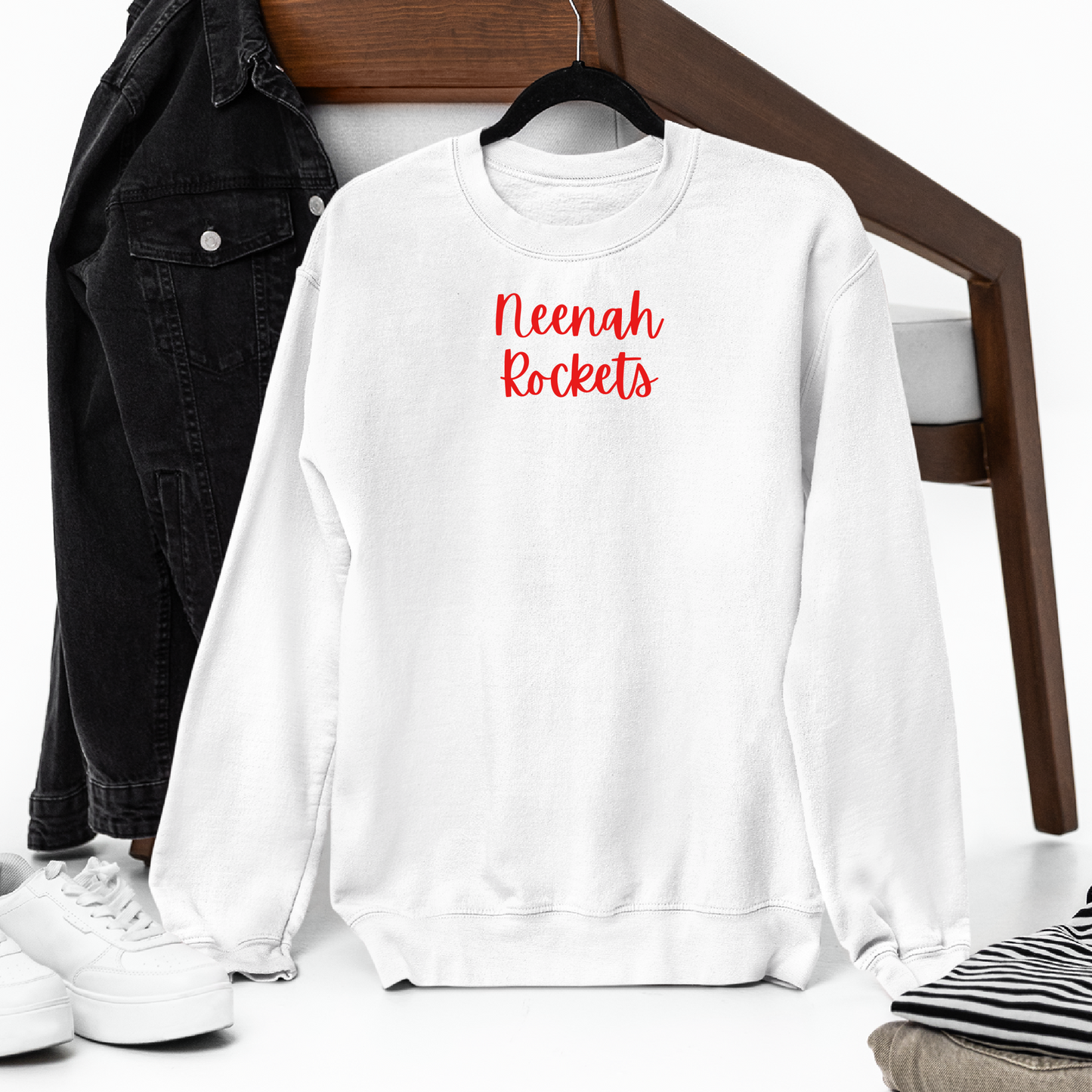 Neenah Rockets Small Red Script - White Tee, Crewneck, or Hoodie