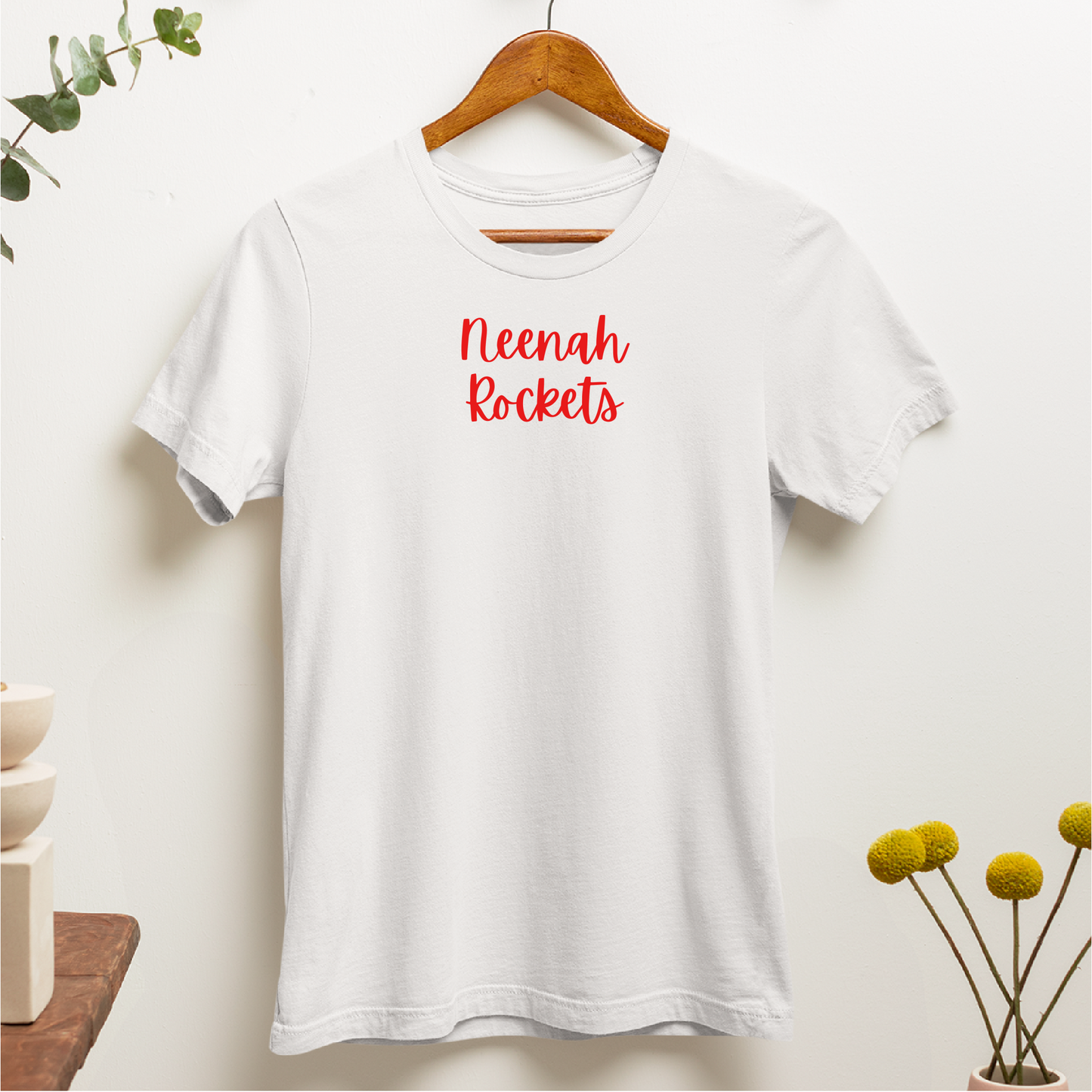 Neenah Rockets Small Red Script - White Tee, Crewneck, or Hoodie