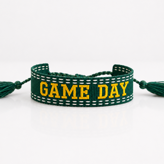 Green and Yellow "GAME DAY" Adjustable Embroidered Woven Bracelet