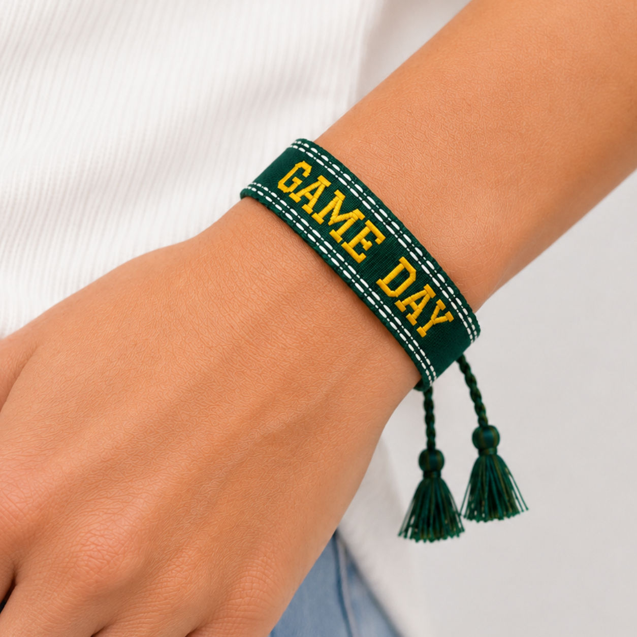 Green and Yellow "GAME DAY" Adjustable Embroidered Woven Bracelet
