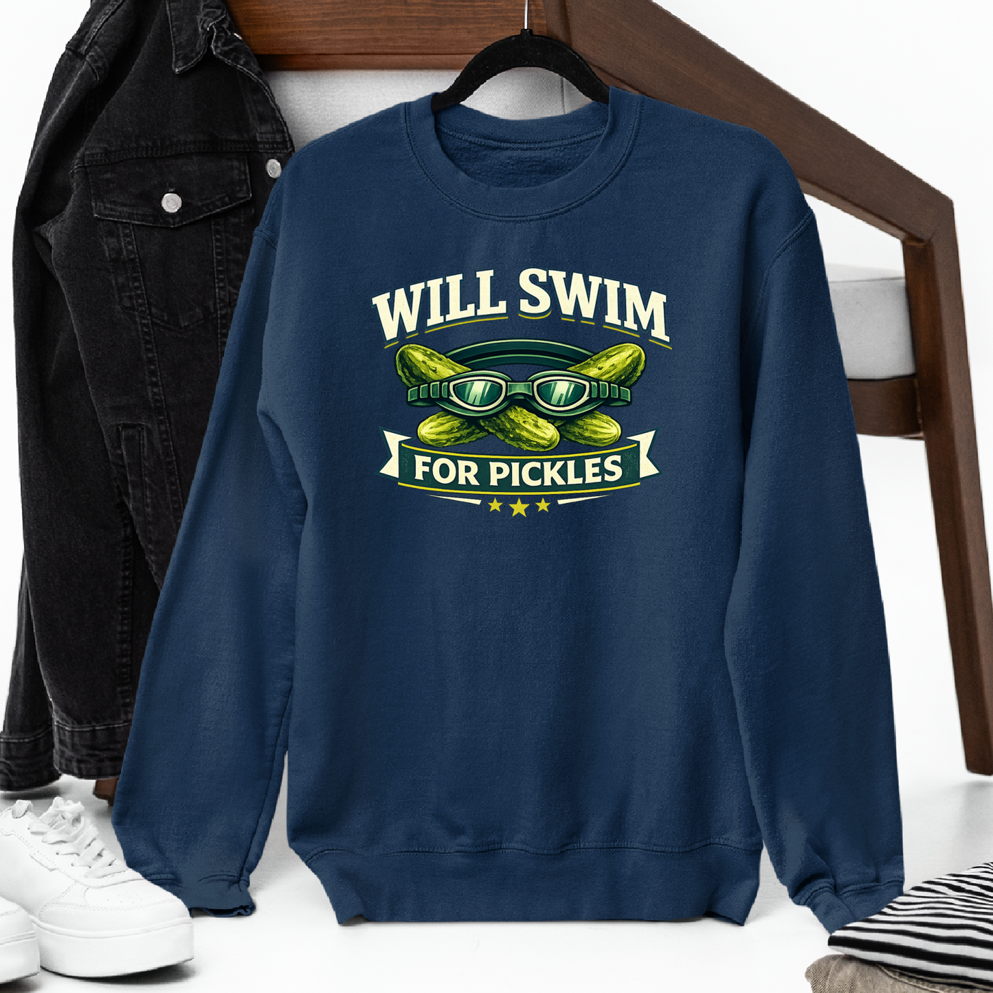 Will Swim For Pickles Vintage - Navy Tee, Long Sleeve Tee, Crewneck, or Hoodie