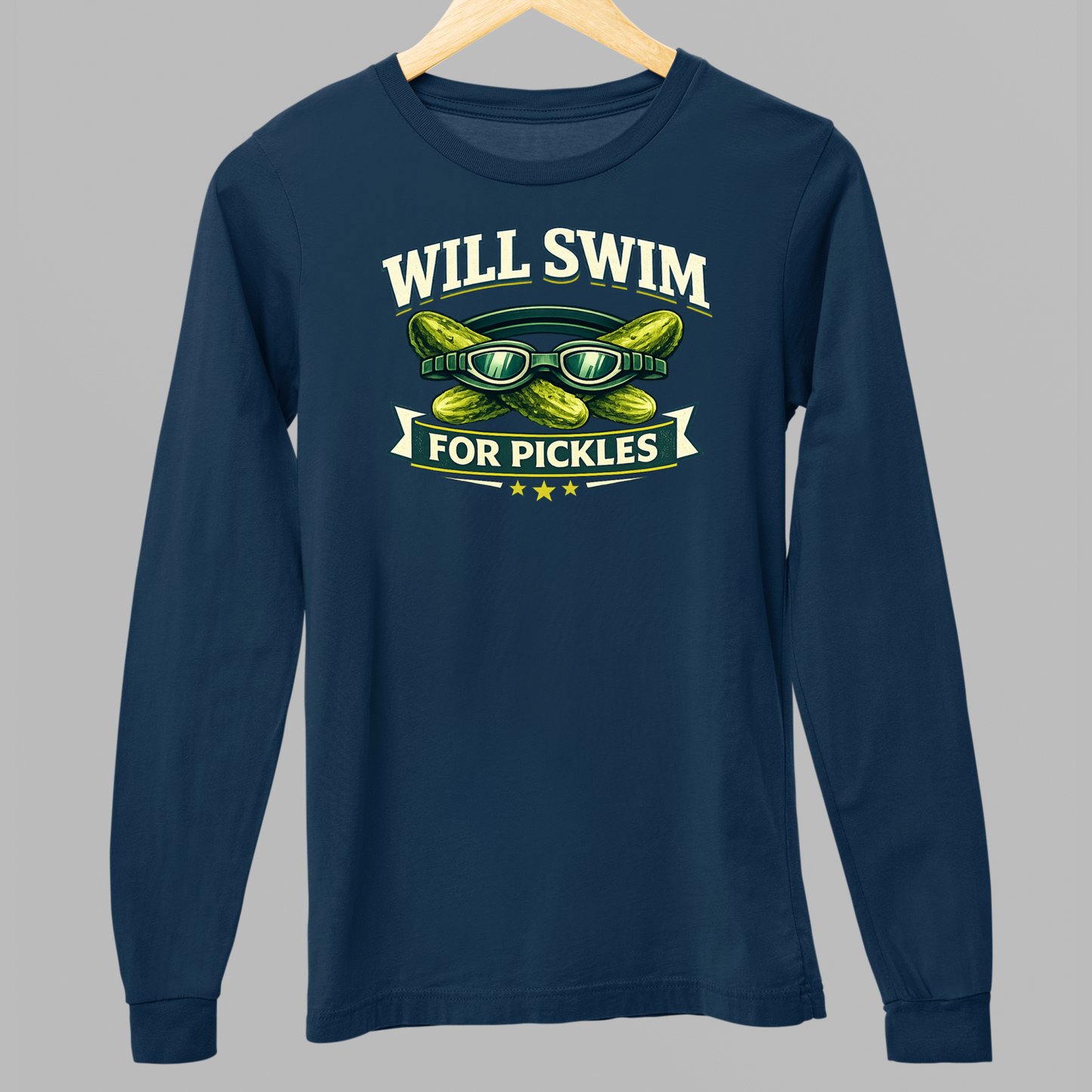 Will Swim For Pickles Vintage - Navy Tee, Long Sleeve Tee, Crewneck, or Hoodie